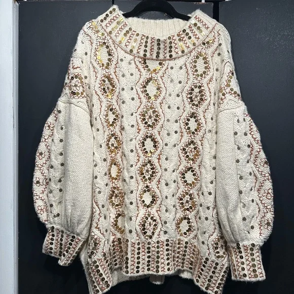 Free People Guilded Cream and Gold Embroidered Sweater - Picture 2 of 7